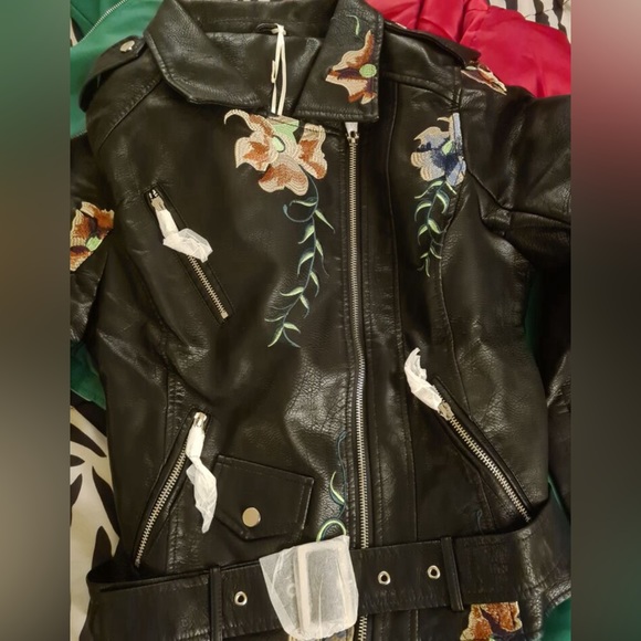 Luxe Floral Embroidered Vegan Leather Zip up Moto Jacket - Picture 3 of 10